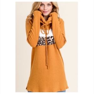 Contrast Panel long sleeve cowl neck top w drawstring mustard and animal print